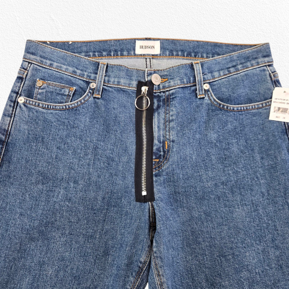 Hudson Crop Riley Relaxed Straight Jeans Exposed Zip Front Blue Denim Size 29 - Picture 3 of 12